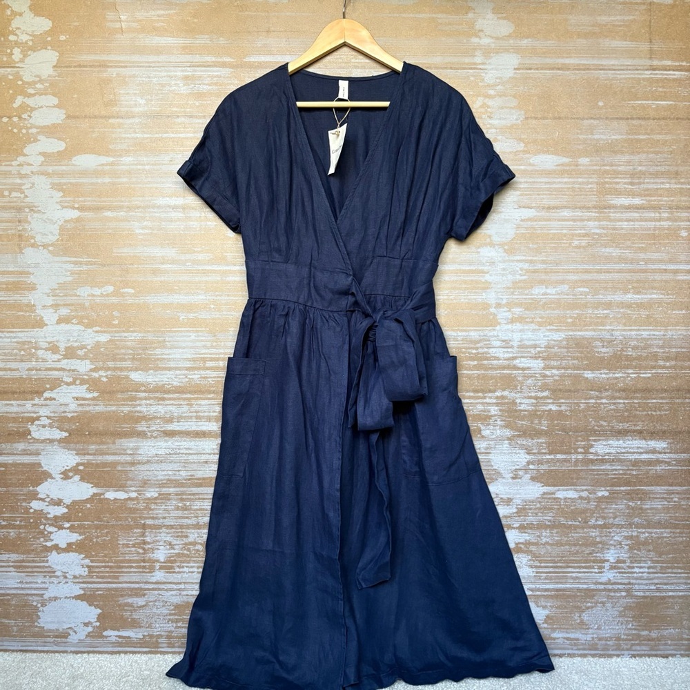Grae Cove NWT 100% Linen Frankie Wrap Dress Navy Laggen Look Minimal Womens S